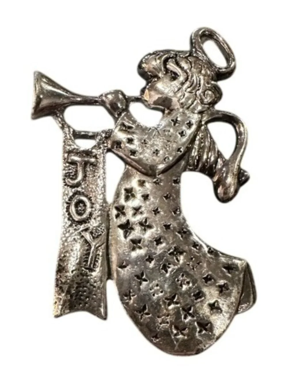 Angel Pin Trumpet Joy Banner Star Detailing Dual Wear Silver Tone Pendant